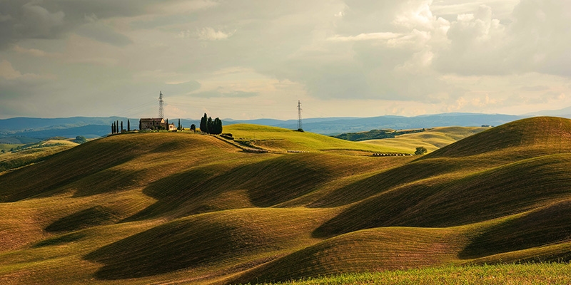 Panorama dato dalle bellissime valli senesi, realizzato da tanti piccoli avvallamenti. Questo paesaggio romantico dell'Asciano, ideale per un fine settimana fuori porta è delimitato all'orizzonte da qualche casetta rurale e dalla sagoma bassa dei monti.