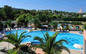 Una piscina azzurra e grande in primo piano è contornata da palme e natura verdeggiante, nonché dalle casette e strutture dell'Hotel Melograni.