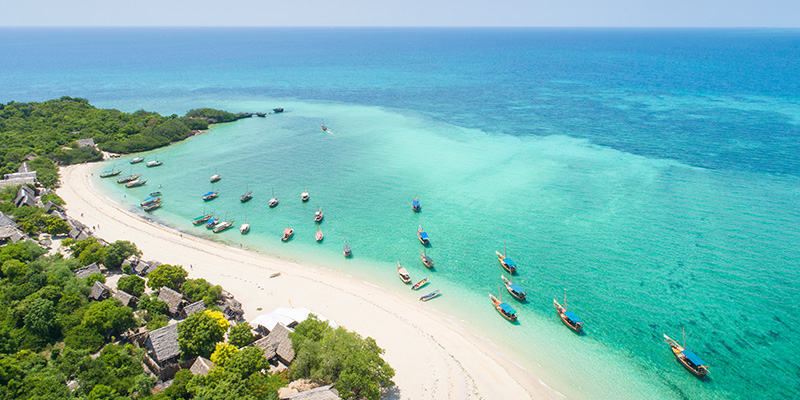 Visuale dall'alto sulla spiaggia di Zanzibar,l l'isola della tanzania. Il mare azzurro incontra la spiaggia bianca circondata dalla verdeggiante vegetazione.